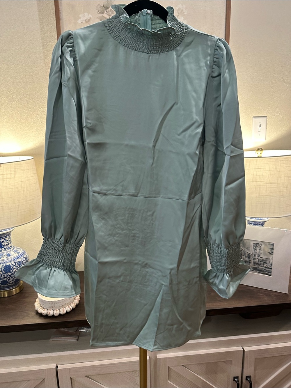 Women's Sage Green Long Sleeve Smocked Neck Dress